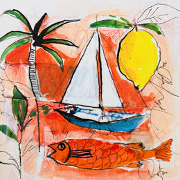 Peinture Le voilier par Colombo Cécile | Tableau Art naïf Acrylique, Aquarelle, Collage, Encre, Pastel Paysages