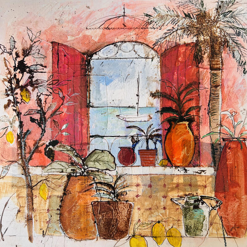 Peinture Regard sur l horizon  par Colombo Cécile | Tableau Art naïf Paysages Nature Aquarelle Acrylique Collage Encre Pastel