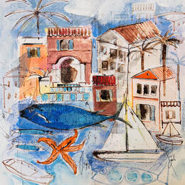 Painting La bonne pêche  by Colombo Cécile | Painting Naive art Acrylic, Gluing, Ink, Pastel, Watercolor Landscapes, Nature
