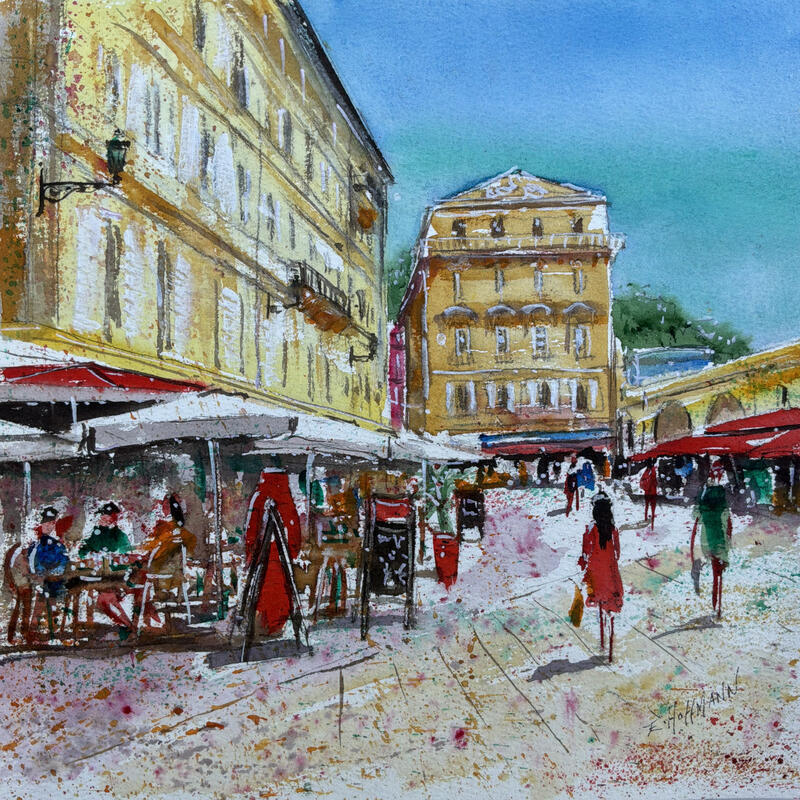 Painting Nice saleya maison Matisse by Hoffmann Elisabeth | Painting Figurative Urban Watercolor
