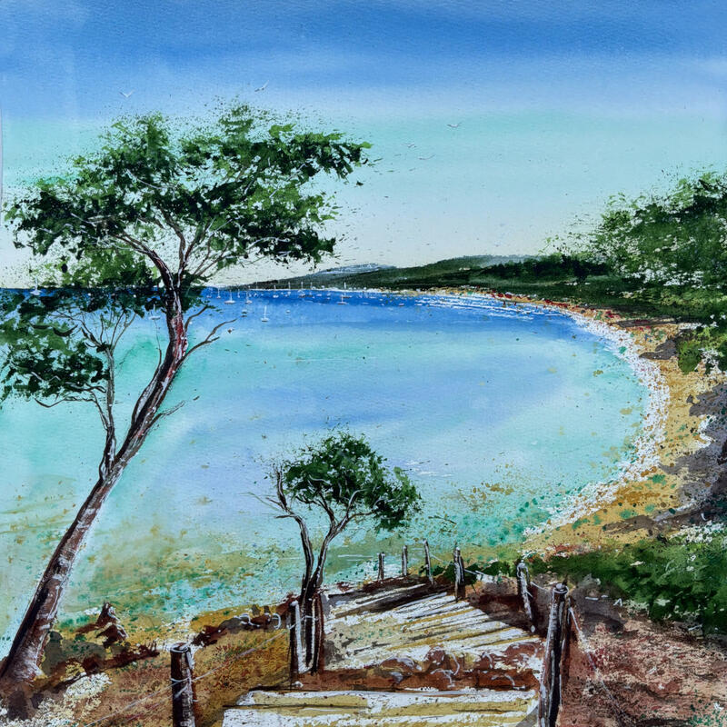 Painting Porquerolles sentier de bois by Hoffmann Elisabeth | Painting Figurative Urban Marine Watercolor