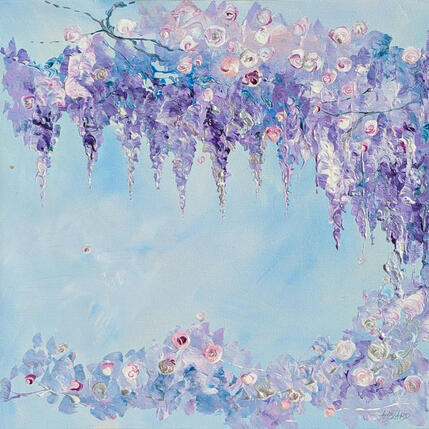 Peinture Glycine et petites roses par Amblard Florence | Tableau Acrylique Nature, Paysages