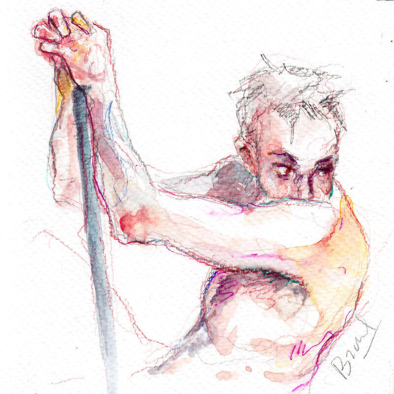 Painting Homme au bâton by Brunel Sébastien | Painting Figurative Nude Watercolor