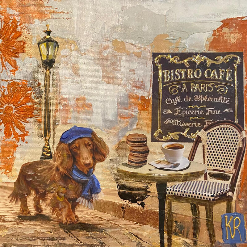Painting La promenade de Jules  by Romanelli Karine | Painting Figurative Life style Animals Acrylic Gluing