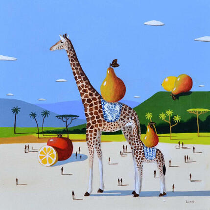 Gemälde Girafe et girafon von Lionnet Pascal | Gemälde Surrealismus Acryl Alltagsszenen, Stillleben, Tiere