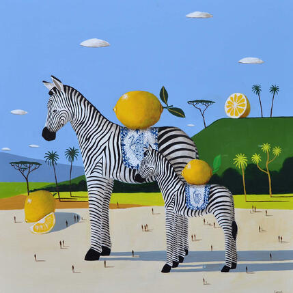 Gemälde Zèbre et zèbron aux citrons von Lionnet Pascal | Gemälde Surrealismus Acryl Alltagsszenen, Stillleben, Tiere