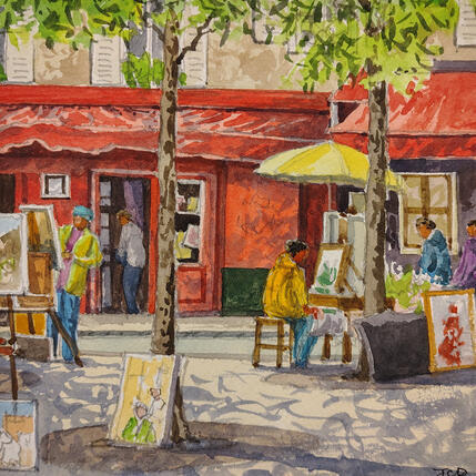Painting Montmartre chez la mère Catherine by Decoudun Jean charles | Painting Figurative Watercolor Pop icons, Urban