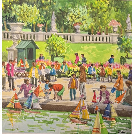 Peinture Paris Luxembourg, cabane aux bateaux par Decoudun Jean charles | Tableau Figuratif Aquarelle Urbain
