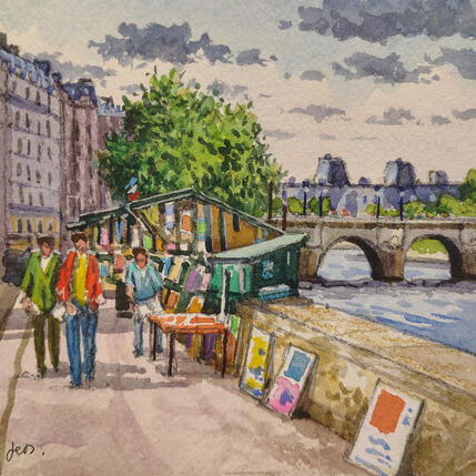 Painting Bouquinistes sur les quais by Decoudun Jean charles | Painting Figurative Watercolor Urban