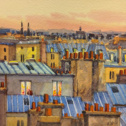 Gemälde Lumière dorée sur les toits von Decoudun Jean charles | Gemälde Figurativ Aquarell Urban