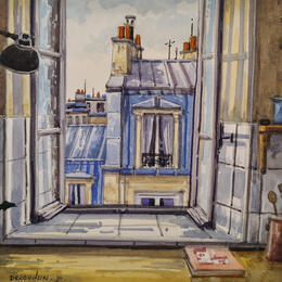 Gemälde Fenêtre ouverte sur Paris von Decoudun Jean charles | Gemälde Figurativ Aquarell Pop-Ikonen, Urban