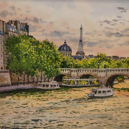 Gemälde Paris, le Pont Neuf le soir von Decoudun Jean charles | Gemälde Figurativ Aquarell Urban