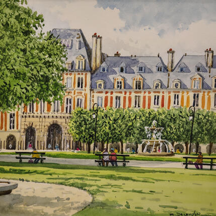 Painting La place des Voges by Decoudun Jean charles | Painting Figurative Watercolor Urban