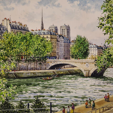 Painting Le pont Louis Philippe et Notre-Dame by Decoudun Jean charles | Painting Figurative Watercolor Urban
