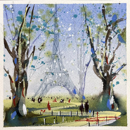 Painting Chemin vers la Tour Eiffel by Bailly Kévin  | Painting Figurative Ink, Watercolor Architecture, Urban
