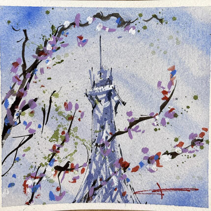Painting Tour Eiffel en fleur by Bailly Kévin  | Painting Figurative Ink, Watercolor Architecture, Urban