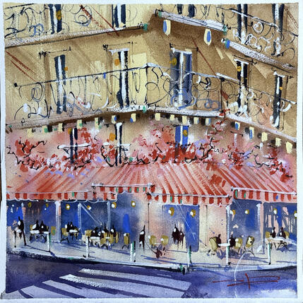 Painting Terrasse de Paris by Bailly Kévin  | Painting Figurative Ink, Watercolor Architecture, Urban