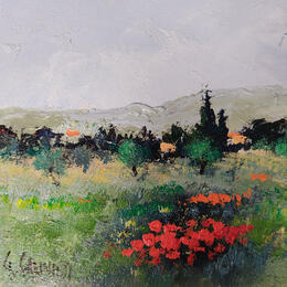 Painting Fleurs rouges by Sannier Daniel | Painting Impressionism Oil Landscapes