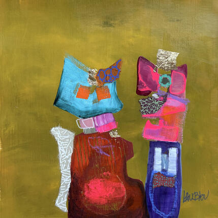 Gemälde La flamme en elle von Lau Blou | Gemälde Abstrakt Acryl, Blattgold, Collage, Pappe, Pastell Pop-Ikonen, Porträt
