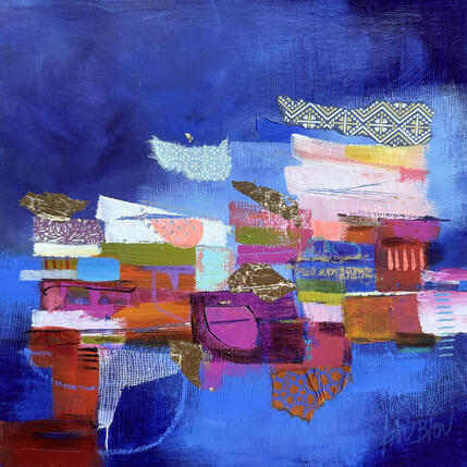 Gemälde Descente au puits des rêves-2 von Lau Blou | Gemälde Abstrakt Acryl, Blattgold, Collage, Pappe, Pastell