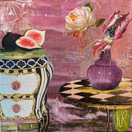Painting La vie en rose by Romanelli Karine | Painting Figurative Acrylic, Gluing Still-life