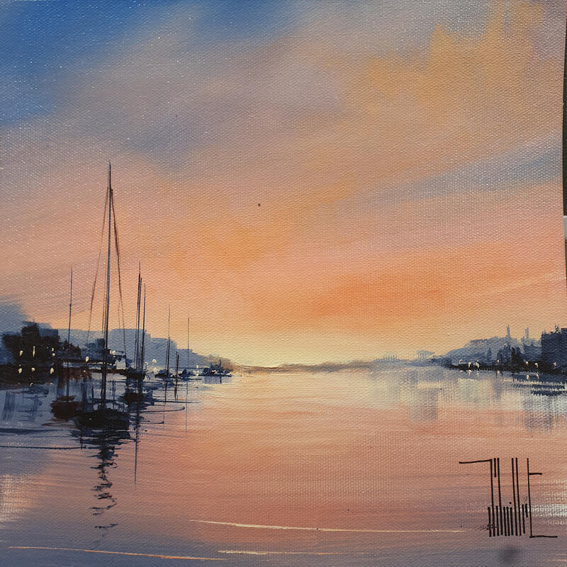 Painting Lueur sur le port by Guillet Jerome | Painting Figurative Oil