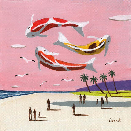 Painting Carpes sur la plage (rose) by Lionnet Pascal | Painting Surrealism Acrylic Animals, Life style, Marine
