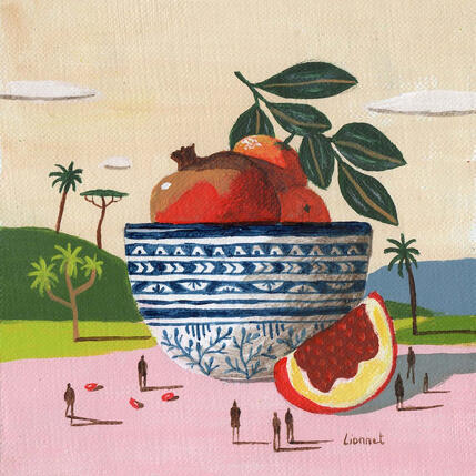 Painting coupe de fruits by Lionnet Pascal | Painting Surrealism Acrylic Landscapes, Life style, Still-life
