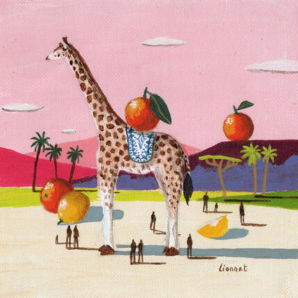 Painting Girafe aux fruits by Lionnet Pascal | Painting Surrealism Acrylic Animals, Landscapes, Life style