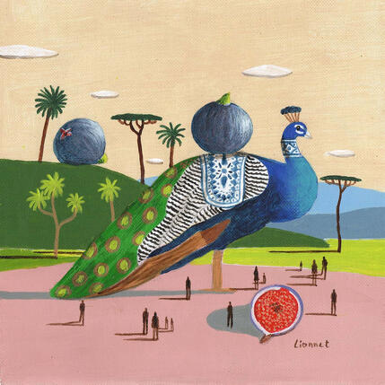 Painting Paon aux figues by Lionnet Pascal | Painting Surrealism Acrylic Animals, Landscapes, Life style, Pop icons