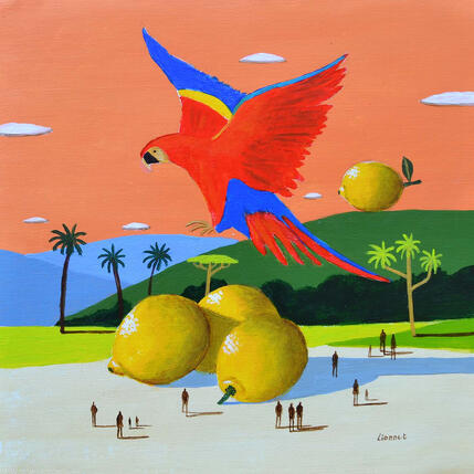 Painting Ara aux citrons by Lionnet Pascal | Painting Surrealism Acrylic Animals, Landscapes, Life style