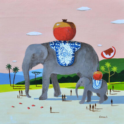 Painting Éléphants aux grenades (2) by Lionnet Pascal | Painting Surrealism Acrylic Animals, Landscapes, Life style