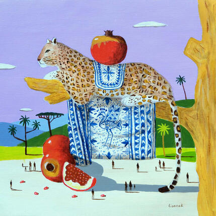Painting Léopard aux grenades by Lionnet Pascal | Painting Surrealism Acrylic Animals, Life style, Still-life