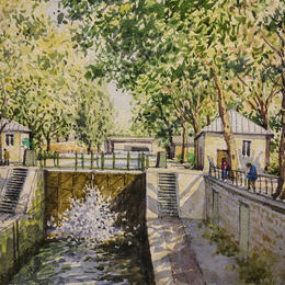 Gemälde Le canal Saint Martin von Decoudun Jean charles | Gemälde Figurativ Aquarell Urban