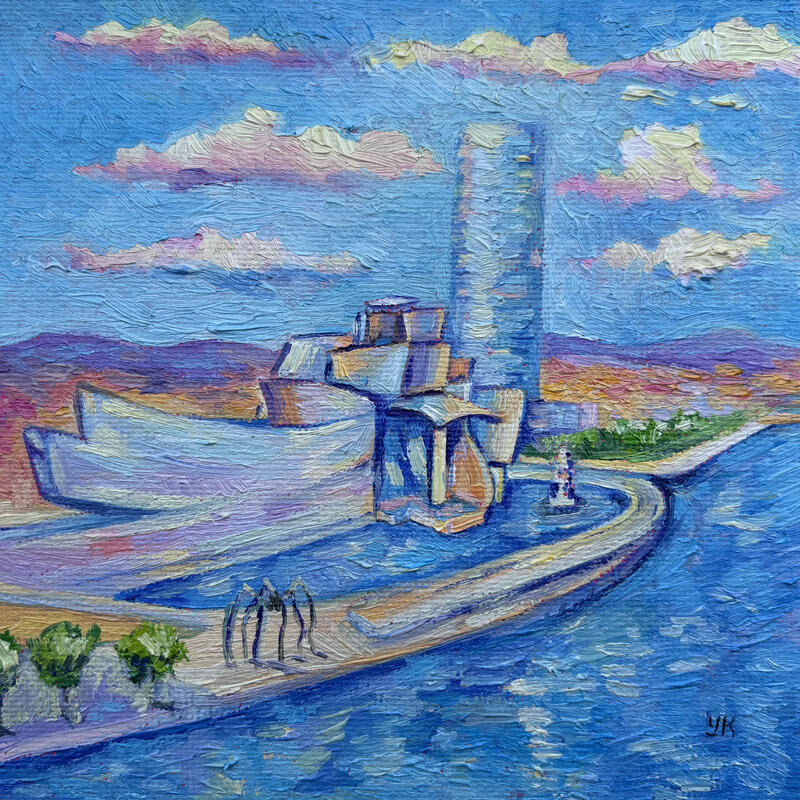Painting Bilbao en bleu by Kochevykh Yulia | Painting Figurative Landscapes Urban Architecture Oil