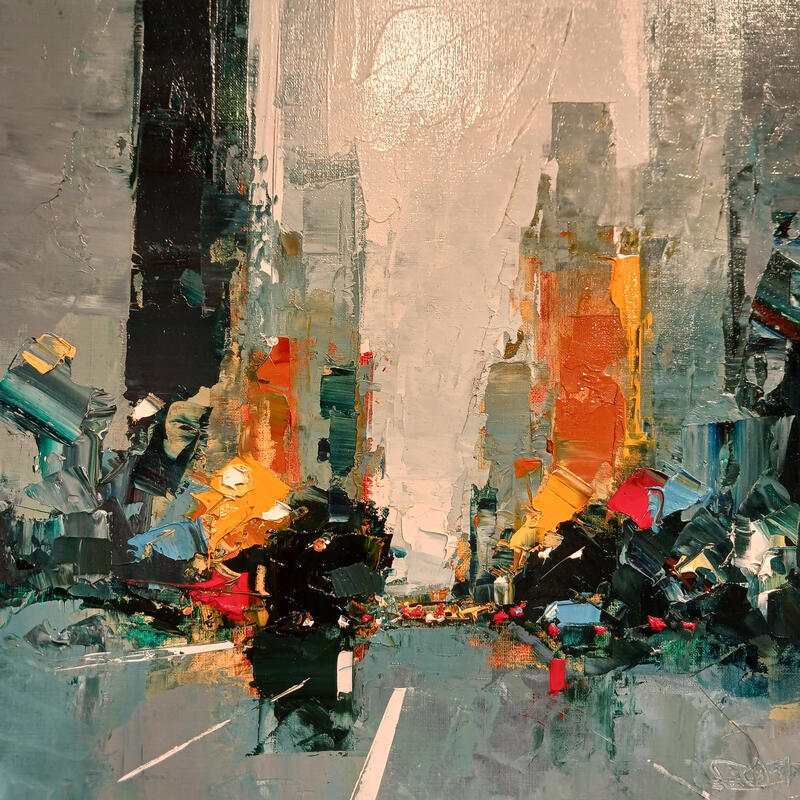 Painting Rainy street by Castan Daniel | Painting Figurative Oil
