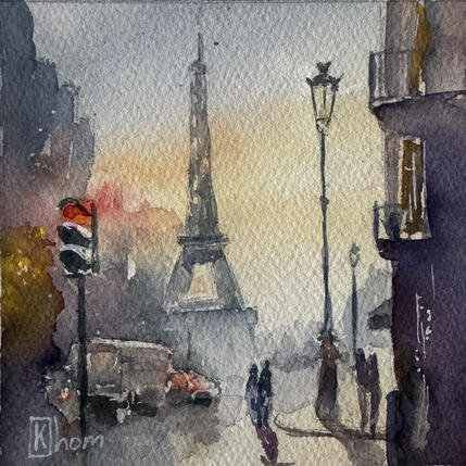 Painting Paris s’éveille by Khomyakova Liliya | Painting Figurative Watercolor Architecture, Minimalist, Urban