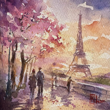 Painting Paris en fleurs by Khomyakova Liliya | Painting Figurative Watercolor Architecture, Nature, Urban