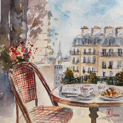 Painting Le petit déjeuner parisien by Khomyakova  Liliya  | Painting Figurative Watercolor Architecture, Landscapes, Pop icons, Urban