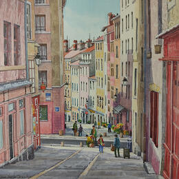 Gemälde Lyon, rue sur la colline qui travaille von Decoudun Jean charles | Gemälde Figurativ Aquarell Urban