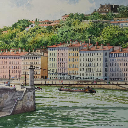 Gemälde Lyon, les quais de la Saône von Decoudun Jean charles | Gemälde Figurativ Aquarell Urban