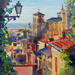 Peinture The Warmth of Old Lyon par Valeeva Katharina | Tableau Impressionnisme Paysages Urbain Architecture Huile