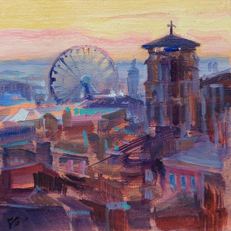 Peinture Lyon at Dusk  par Valeeva Katharina  | Tableau Impressionnisme Paysages Urbain Architecture Huile