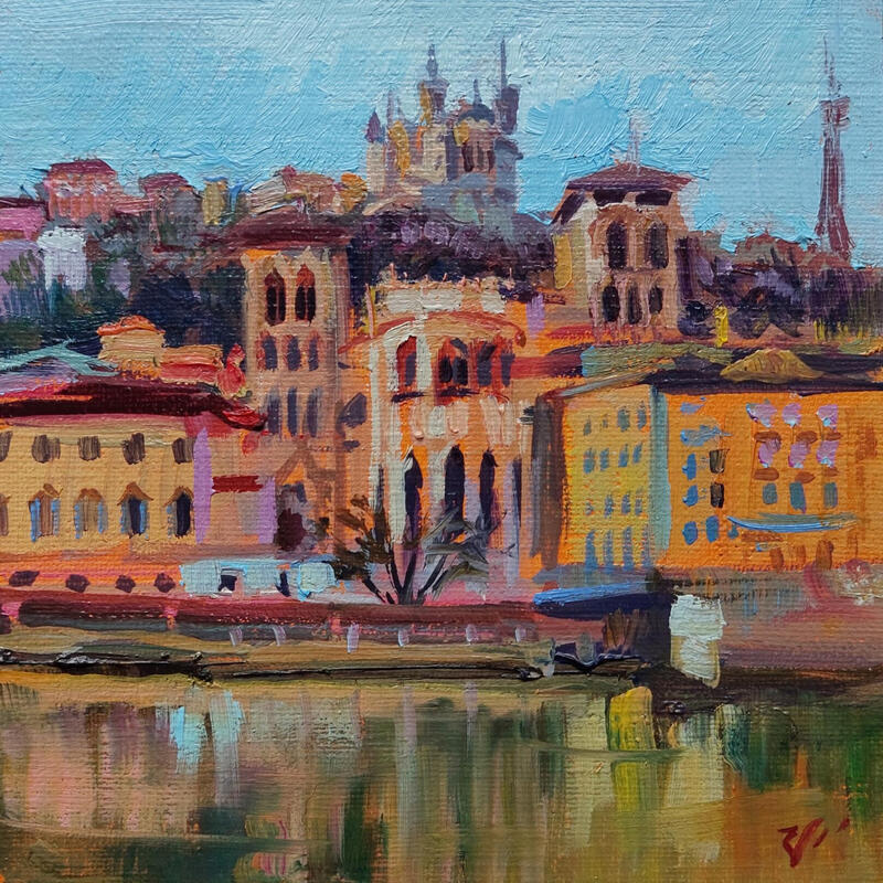 Peinture Reflections of Lyon par Valeeva Katharina | Tableau Impressionnisme Paysages Urbain Architecture Huile