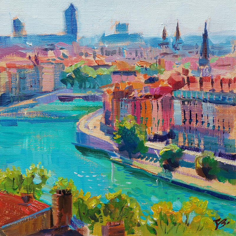 Painting Turquoise River, Colourful Lyon  by Valeeva Katharina  | Painting Impressionism Landscapes Urban Architecture Oil