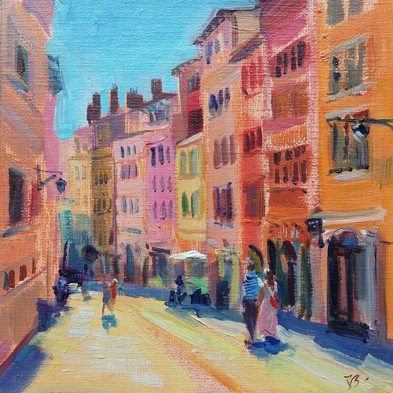 Peinture Sunlit Streets of Old Lyon par Valeeva Katharina  | Tableau Impressionnisme Paysages Urbain Architecture Huile