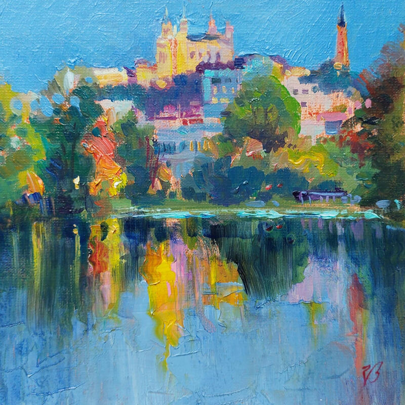 Peinture Lyon Reflected in Blue par Valeeva Katharina | Tableau Impressionnisme Paysages Urbain Architecture Huile