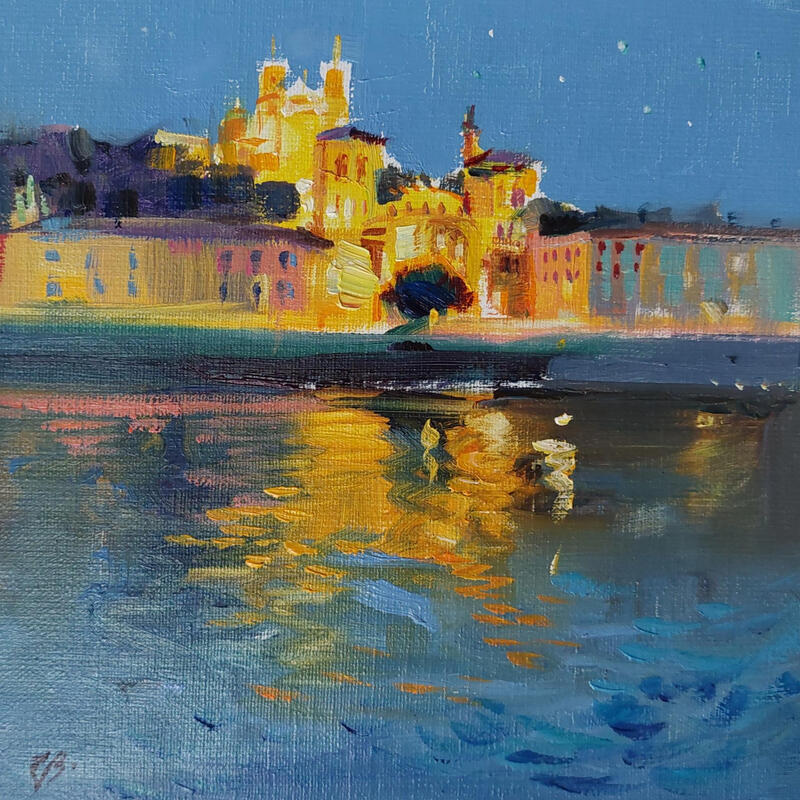 Peinture Golden Reflections in Lyon par Valeeva Katharina | Tableau Impressionnisme Paysages Urbain Architecture Huile