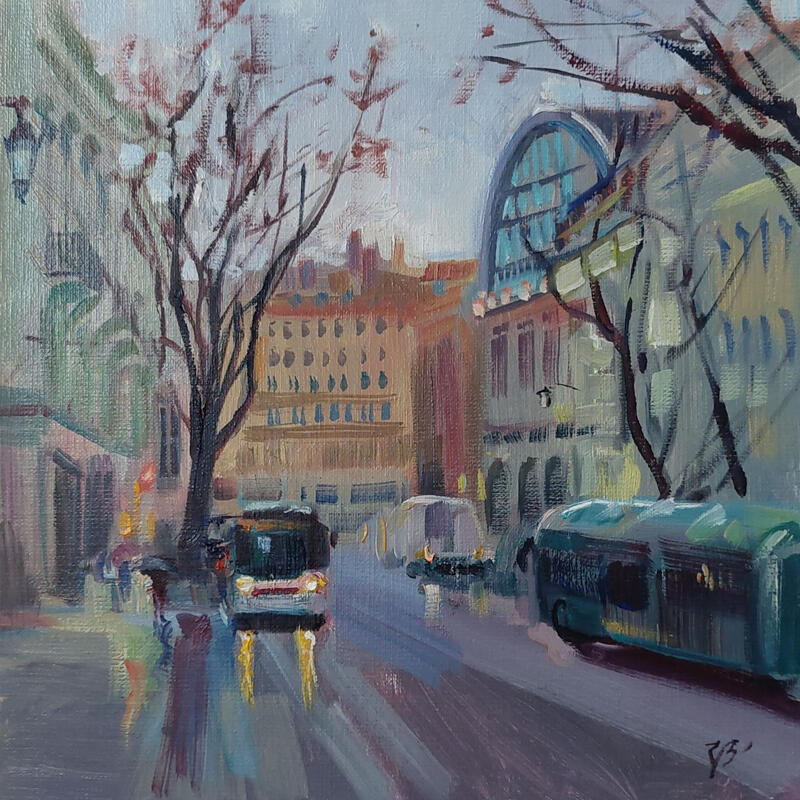 Peinture Misty Morning in Lyon par Valeeva Katharina | Tableau Impressionnisme Paysages Urbain Architecture Huile