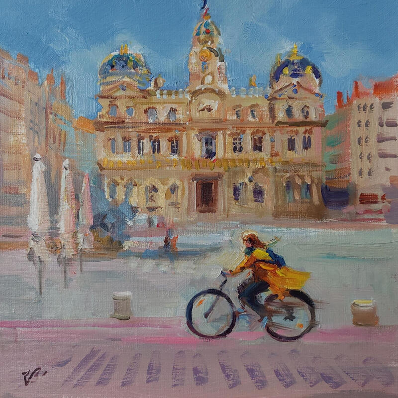 Peinture A Breeze Across the Square par Valeeva Katharina | Tableau Impressionnisme Paysages Urbain Architecture Huile